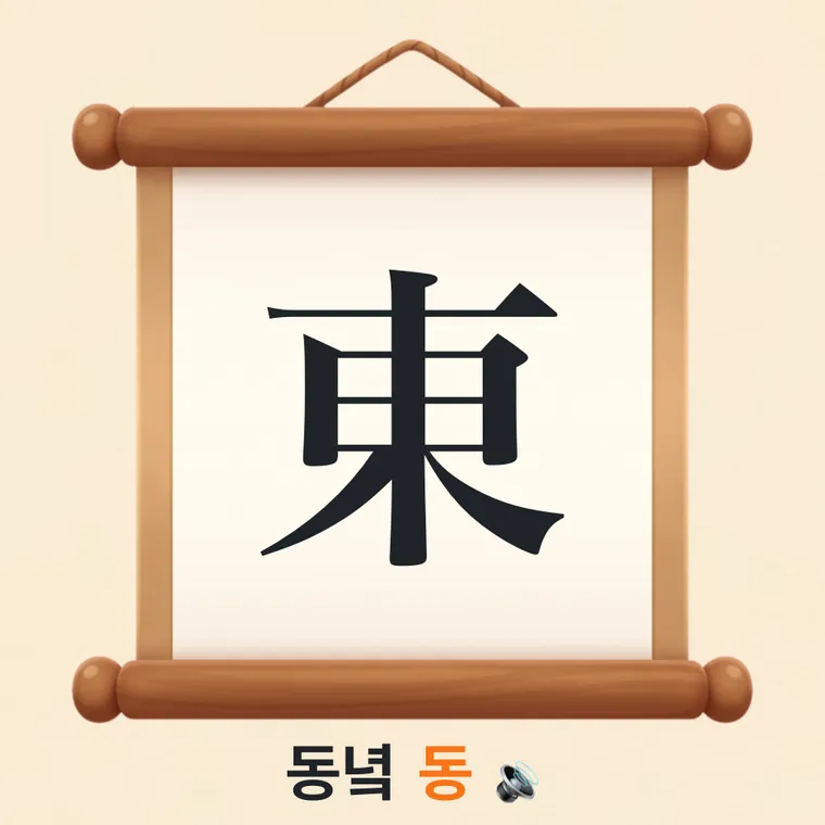만나기 카드: 족자에 걸린 한자 東과 훈음 '동녘 동'